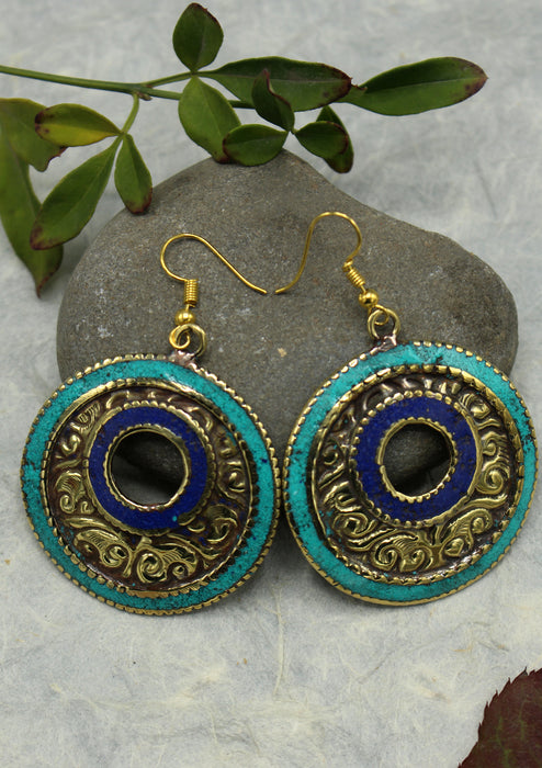 Handmade Round Turquoise and Lapis Resin Inlaid Mirr Hook Earrings