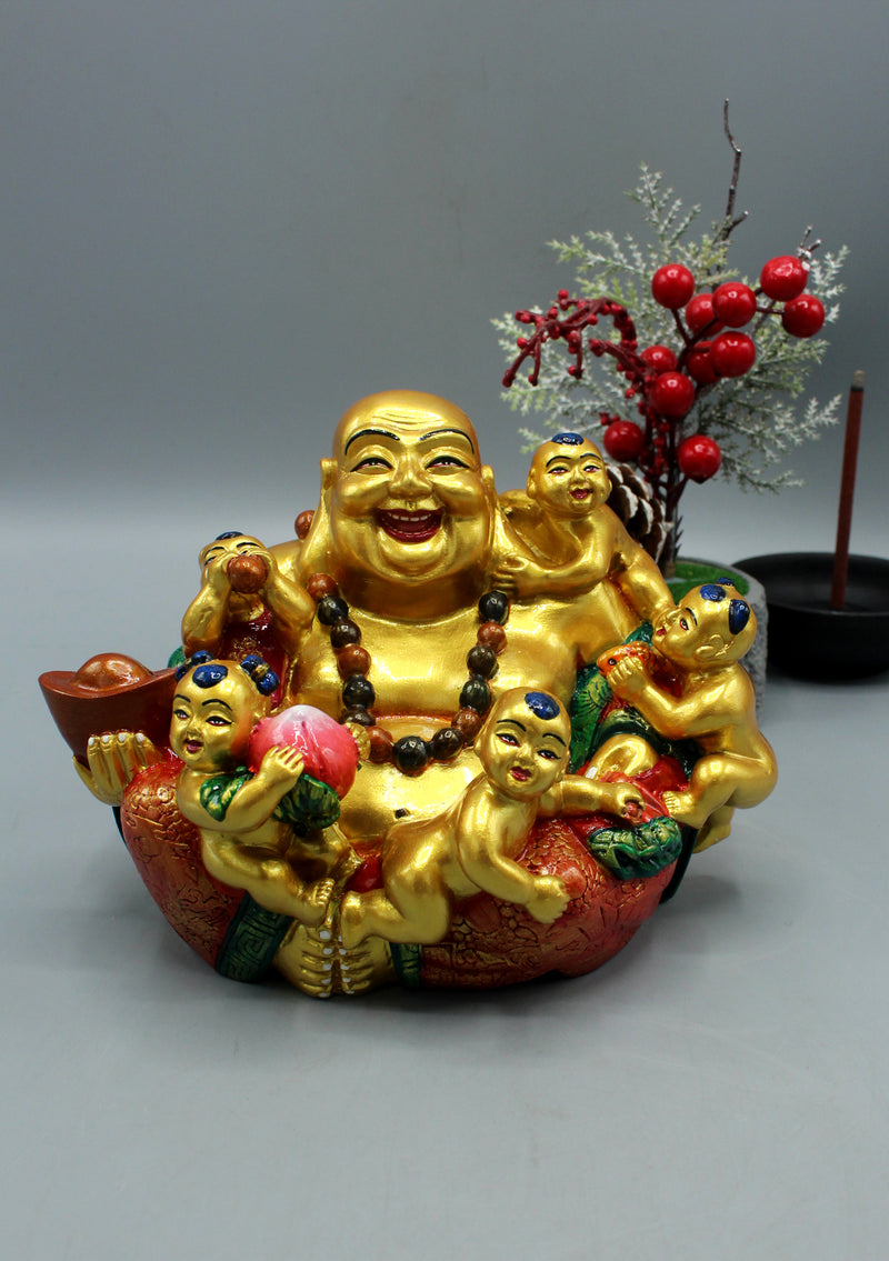 Goldplated Hand Painted Feng Shui Laughing Buddha Sitting with Five Children Statue