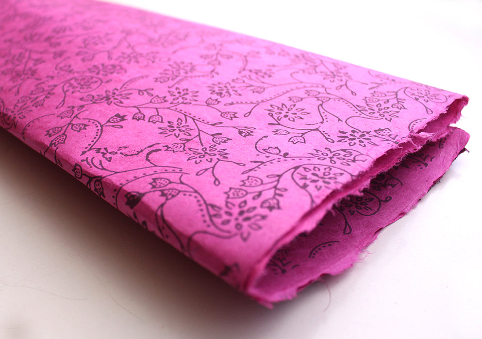 Black Flower and Leaf Printed Pink Handmade Gift Wrapping Lokta Paper Sheets - nepacrafts