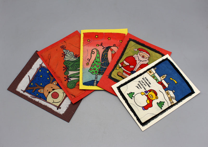 Fair Trade Batik Teddy Bear Playing with Snow BeerGreetings Card