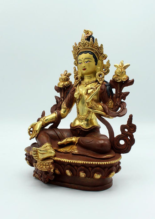 Partly Gold Plated Copper Green Tara Statue 9" H