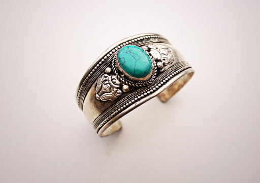 Turquoise Inlaid White Metal Tibetan Cuff Bracelet - nepacrafts