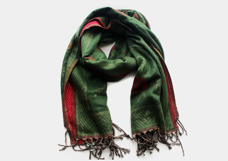 Flower Design Hand Loomed Green Yak Wool Shawl - nepacrafts