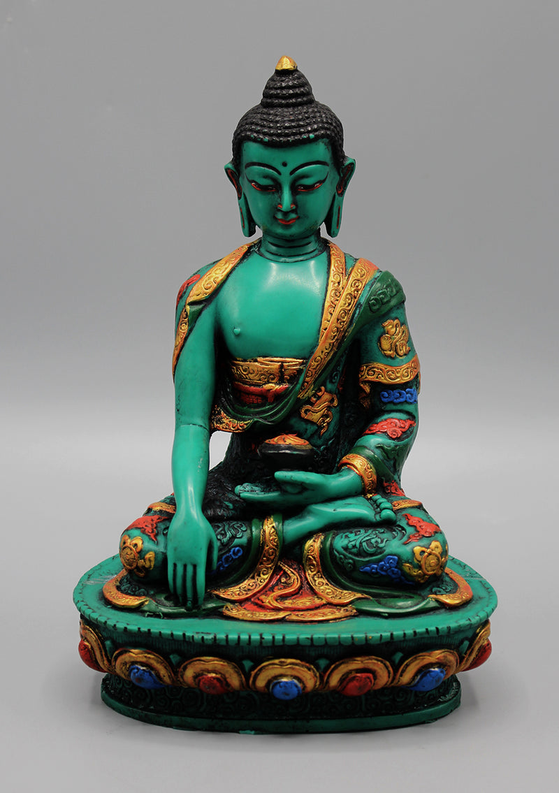 Embossed Painting Green Resin Shakyamuni Buddha Statue