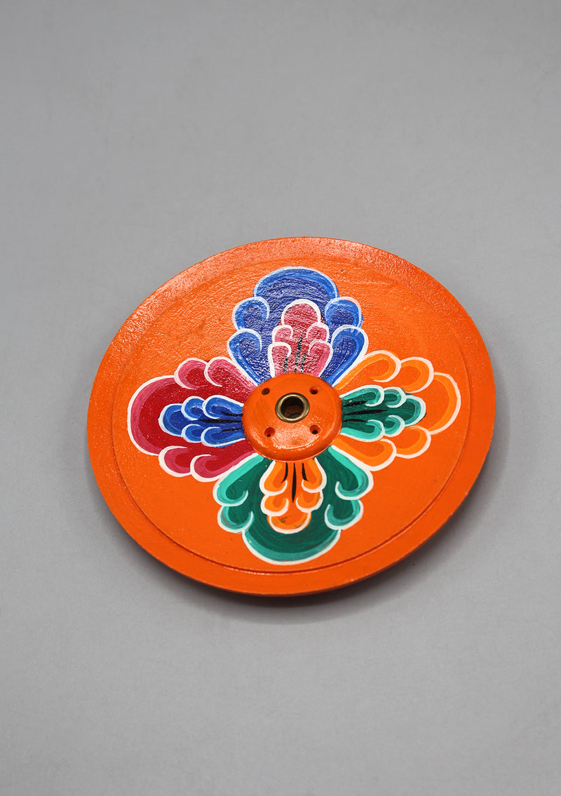 Flower Painted Orange Round Wooden Incense Burner