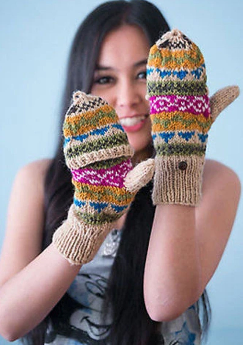Dark Cream Multicolor Woolen Convertible Mittens (Dark Cream WO16G)
