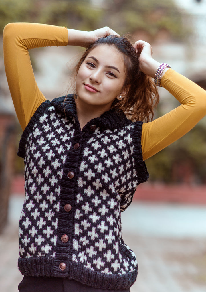 Black and White Plus Sign Pattern Multicolor Women's Woolen Cardigan - nepacrafts