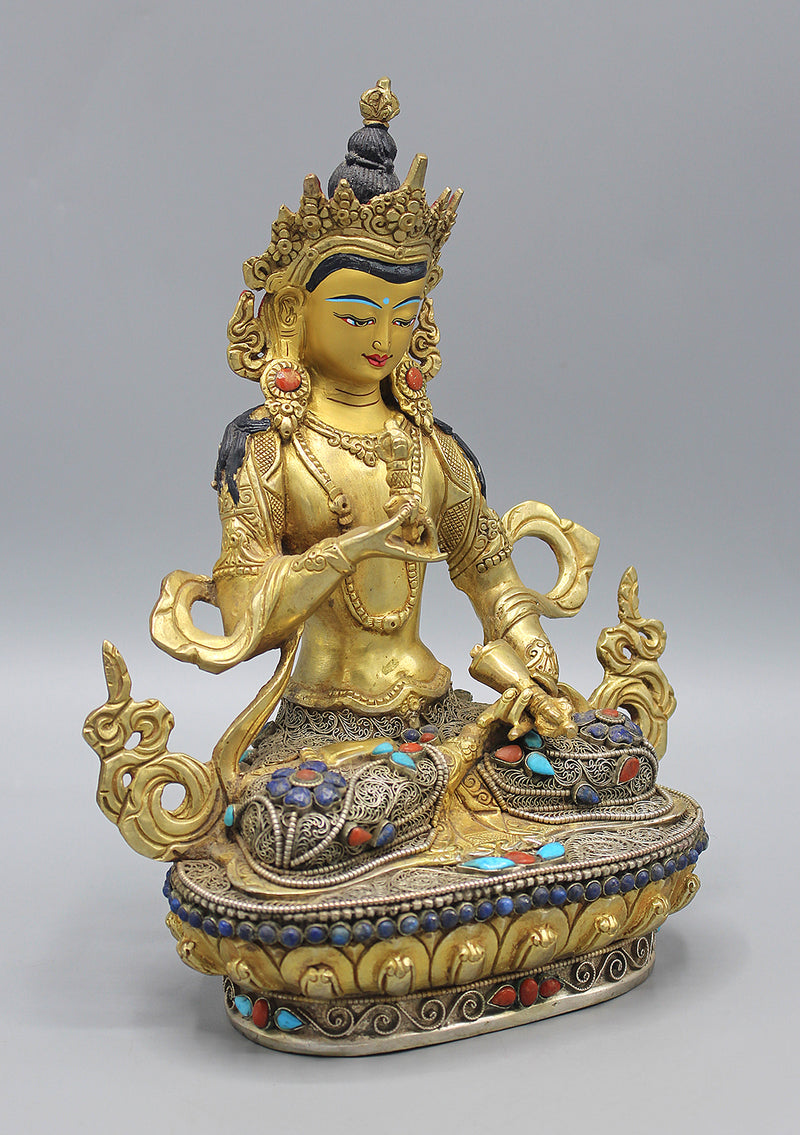 Gold Plated Vajrasattva Statue With Silver Filigree and Turquoise Inlays
