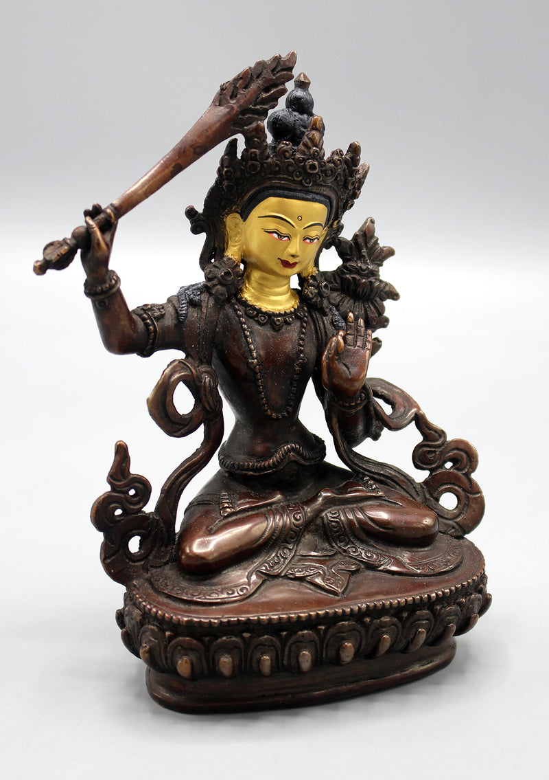 Partly Gold Plated Copper Manjushri Statue