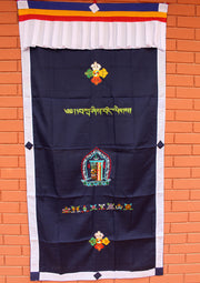Cotton Wall Hanging Door Curtain Embroidered with Tibetan Kalachakra - nepacrafts