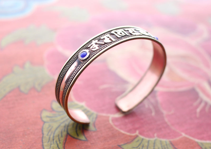 Om Mane Mantra Carved Copper Bracelet with Blue Coral, Cuff Bracelet for Meditation - nepacrafts