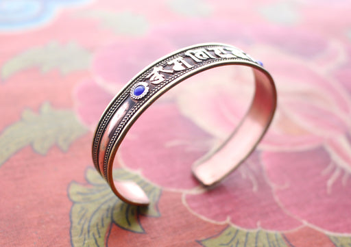Om Mane Mantra Carved Copper Bracelet with Blue Coral, Cuff Bracelet for Meditation - nepacrafts
