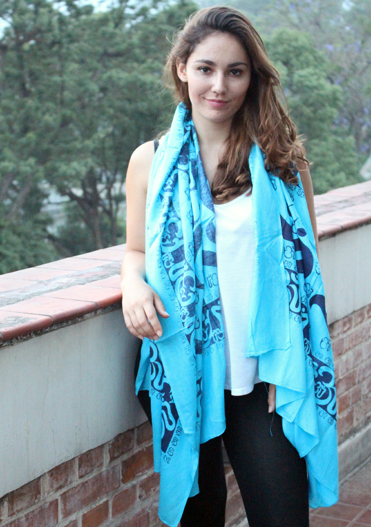 Hindu Om Printed Blue Cotton Shawl From Nepal - nepacrafts