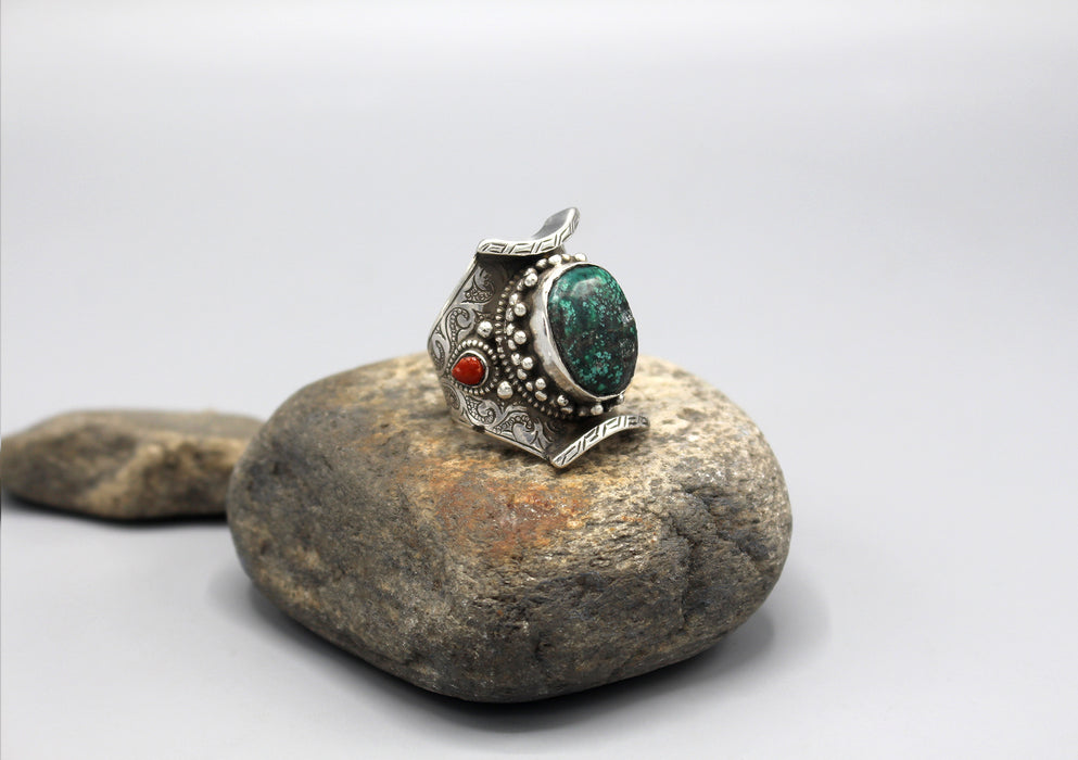 Turquoise Inlaid Sterling Silver Chunky Finger Ring - nepacrafts