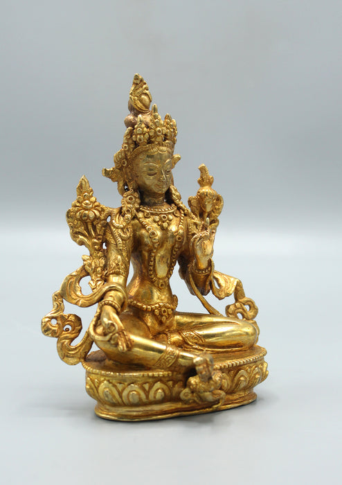 Elegant Gold Plated Green Tara Statue 5.5"