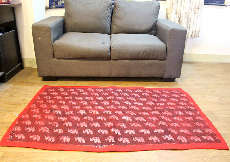 Red Border Maroon Felt Wool Elephant Print Indoor Rug - nepacrafts