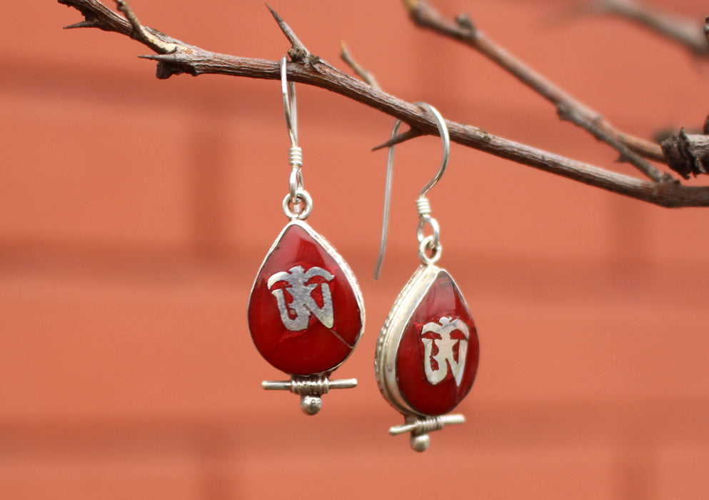 Water Drop Shaped Tibetan Om Silver Earrings - nepacrafts