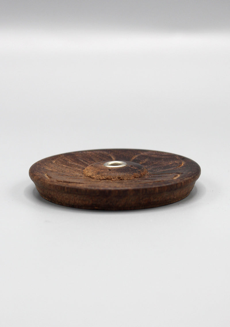 Floral Design Carved Small Round Wooden Incense Burner (4 Full Petals FDIH08) - nepacrafts