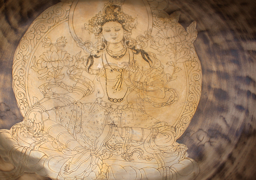 Green Tara Carved Tibetan Handmade Full Moon Meditation Singing Bowl - nepacrafts