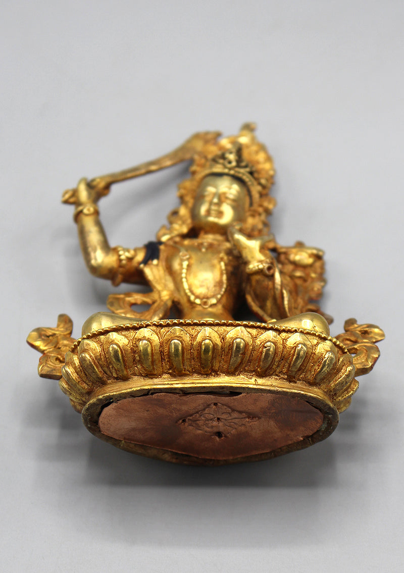 Gold Plated Copper Tibetan Manjushri Statue 6"