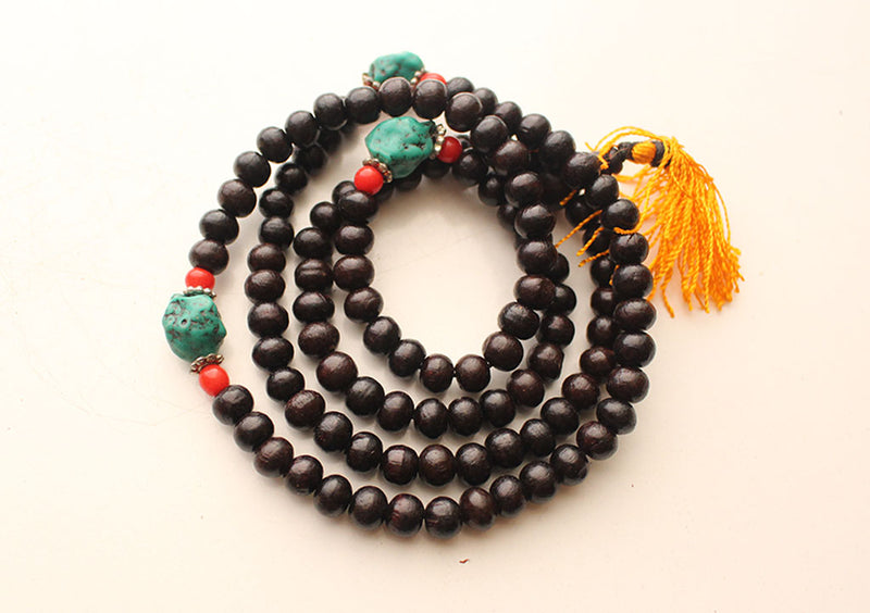 Natural Black Wooden Beads Mala with Faux Turquoise Counter - nepacrafts