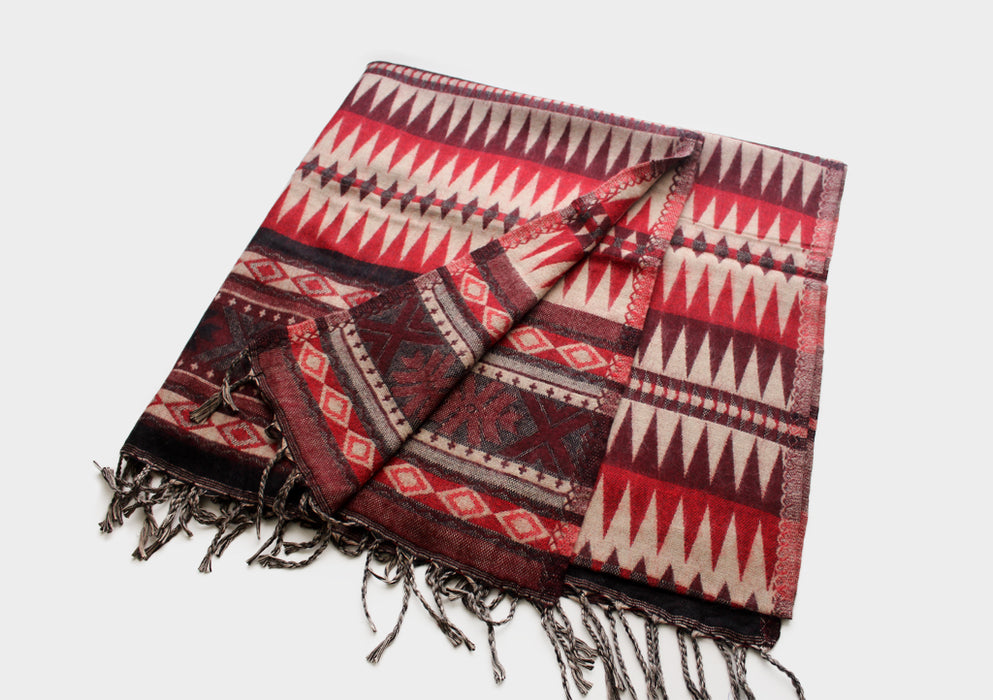 Maroon and Red Jacquard Triangle Print Woolen Shawl - nepacrafts
