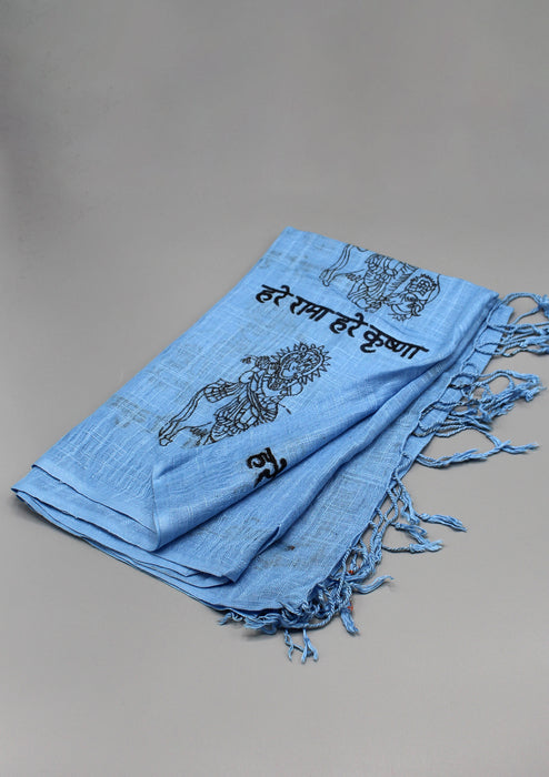 Blue Printed Hare Ram Hare Krishna Deities Cotton Shawl
