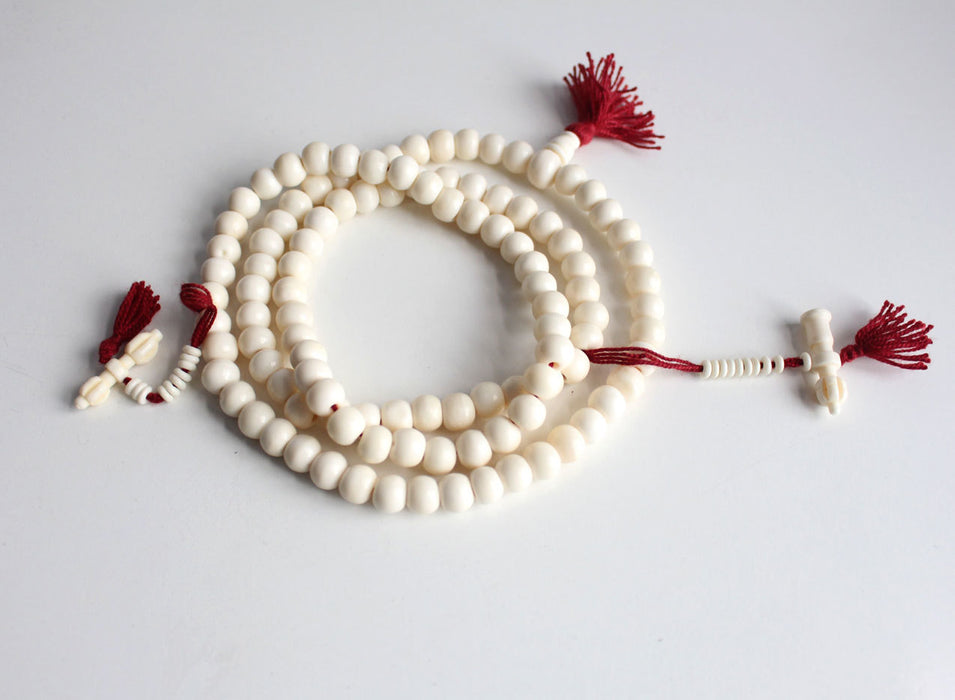 10mm White Bone Prayer Mala with Bell and Dorje Counter