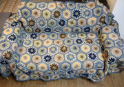 Large Hexagon Motif Pattern Hand Crochet Bluish-Gray Edges Multicolor Woolen Blanket - nepacrafts