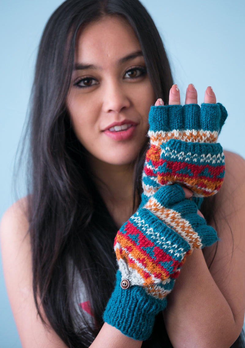 Hand knit Multicolor Woolen Convertible Mittens (Blue Mix WO24G)