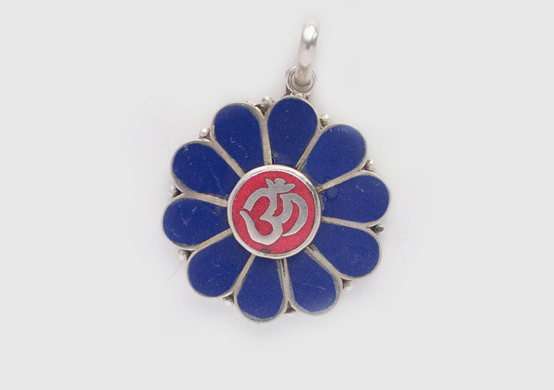 Om Embossed Inlaid Flower White Metal Pendant - nepacrafts