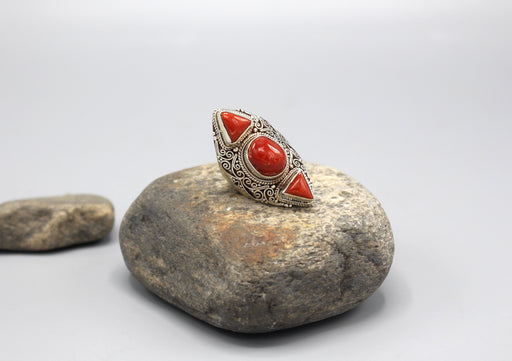 Coral Inlaid Sterling Silver Wide Finger Ring - nepacrafts