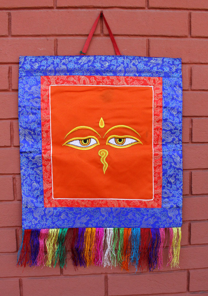 Buddha Eyes Embroidery Brocade Framed Wall Hanging - nepacrafts