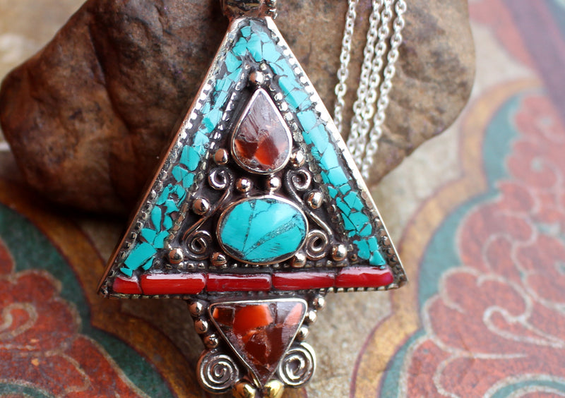 Traditional Tibetan Triangle Shape Turquoise and Coral Pendant - nepacrafts
