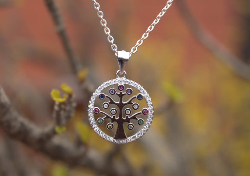 Sterling Silver Tree of Life Pendant with Multi Color Inlaid Stone - nepacrafts