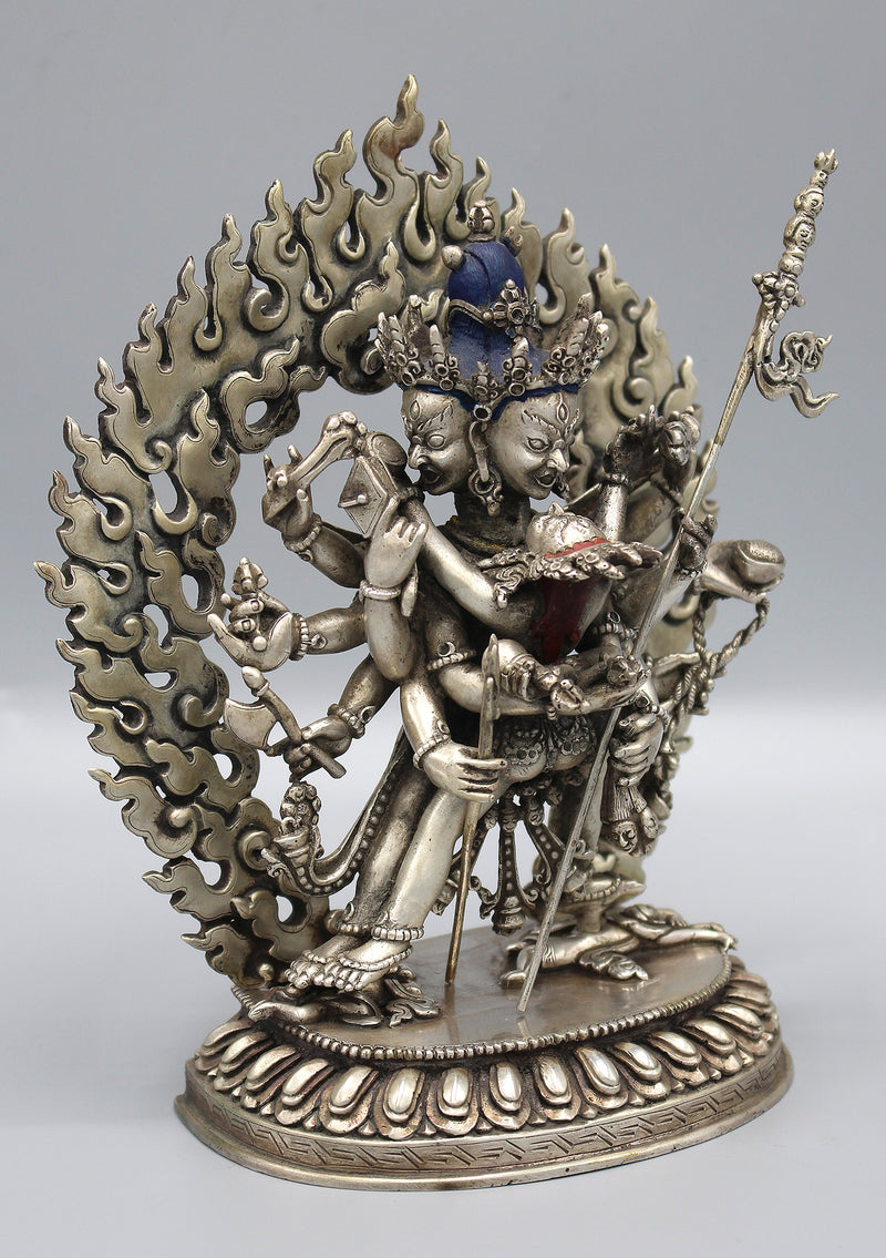 Stunning Hand Carved Silver Sterling Chakrasamvara Statue 6.5" High - nepacrafts