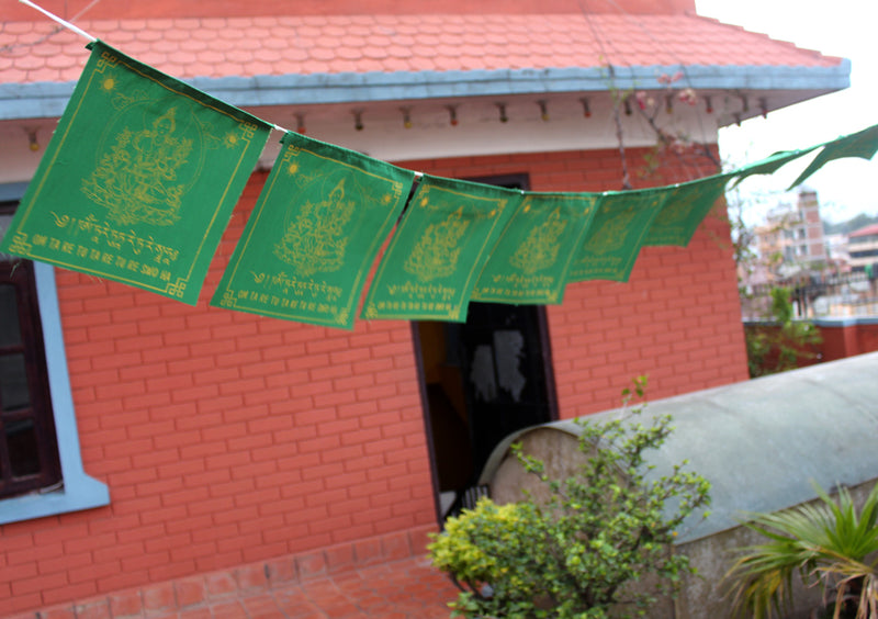 Green Tara Printed Tibetan Prayer Flag, All Green Cotton Prayer Flag - nepacrafts