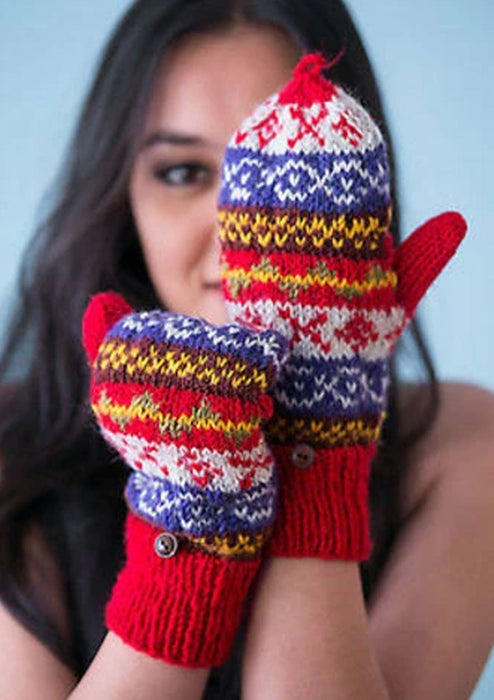 Hand knit Red Multicolor Woolen Convertible Mittens (Red WO20G)