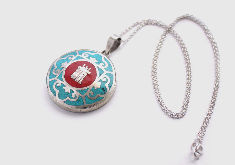 Tibetan Kalachakra and Mandala Painted White Metal Pendant - nepacrafts