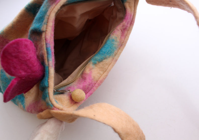 Pink, Blue and Purple Flower Adorned Felt Carry Bag - nepacrafts
