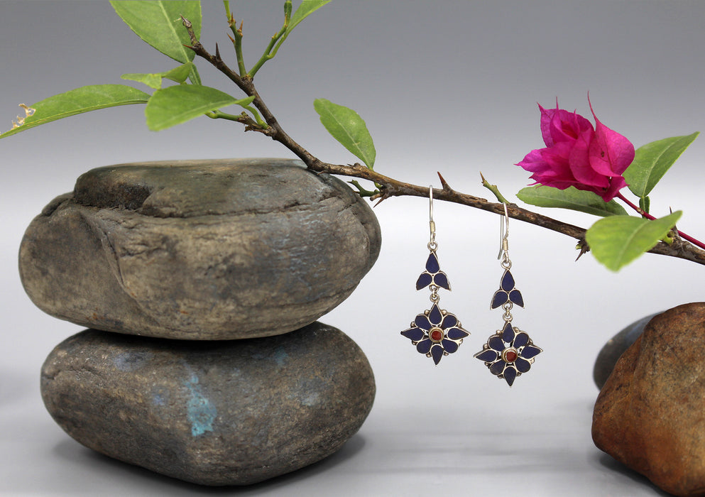 Daisy Flower Lapis and Coral Inlaid Dangle Earrings - nepacrafts