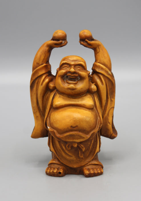 Brown Laughing Buddha Raising Both Hand Resin Statue - nepacrafts