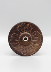 Floral Design Carved Small Round Wooden Incense Burner (4 Full Petals FDIH08) - nepacrafts