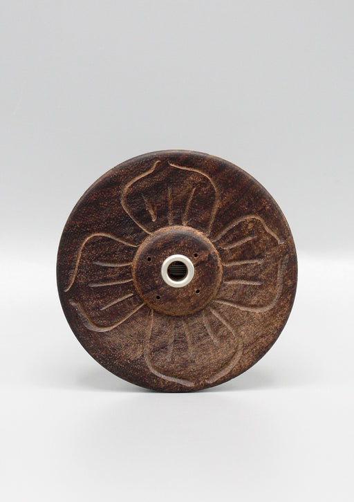 Floral Design Carved Small Round Wooden Incense Burner (4 Full Petals FDIH08) - nepacrafts