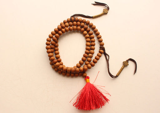 Sandalwood Beads Prayer Mala with Mini Brass Endless Knot Counter - nepacrafts