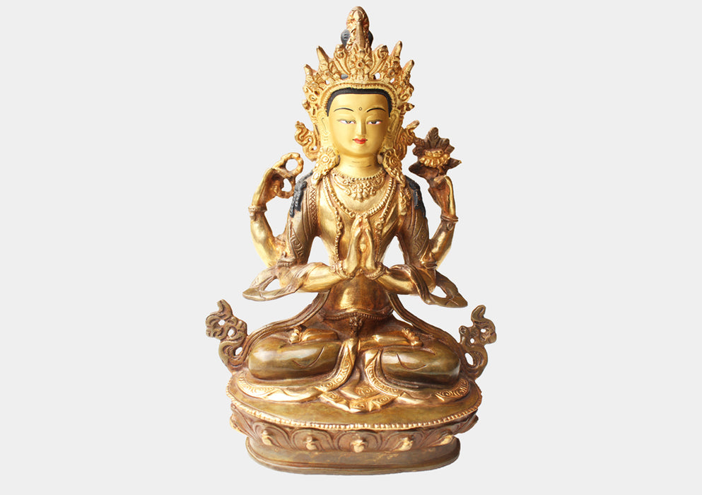 Partly Gold Plated Four Armed Chenrezig Statue - nepacrafts